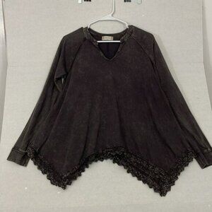 Altar'd State Tunic Top, Crochet Trim, Split Neck, Cotton, Dark Grey, Medium